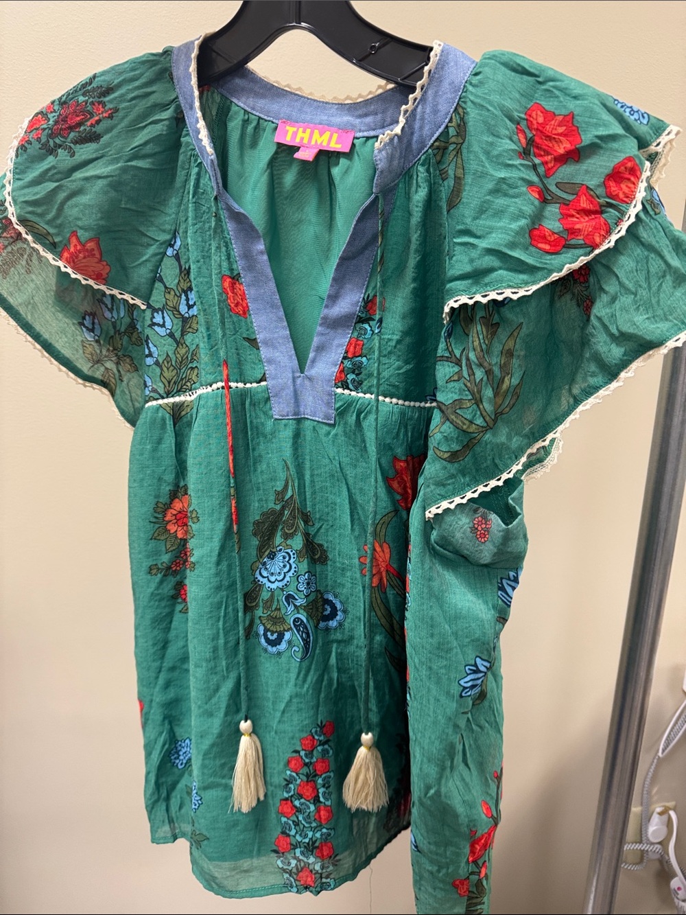 THML Green Floral Print Peasant Blouse with Tassels